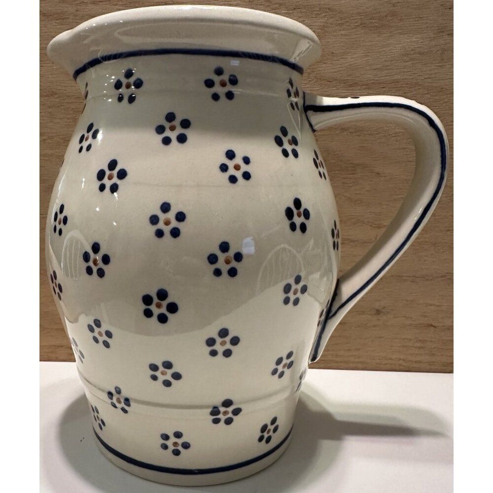 UNIKAT Boleslawiec Polish Pottery Pitcher Handle Vase Dot Flowers Stoneware